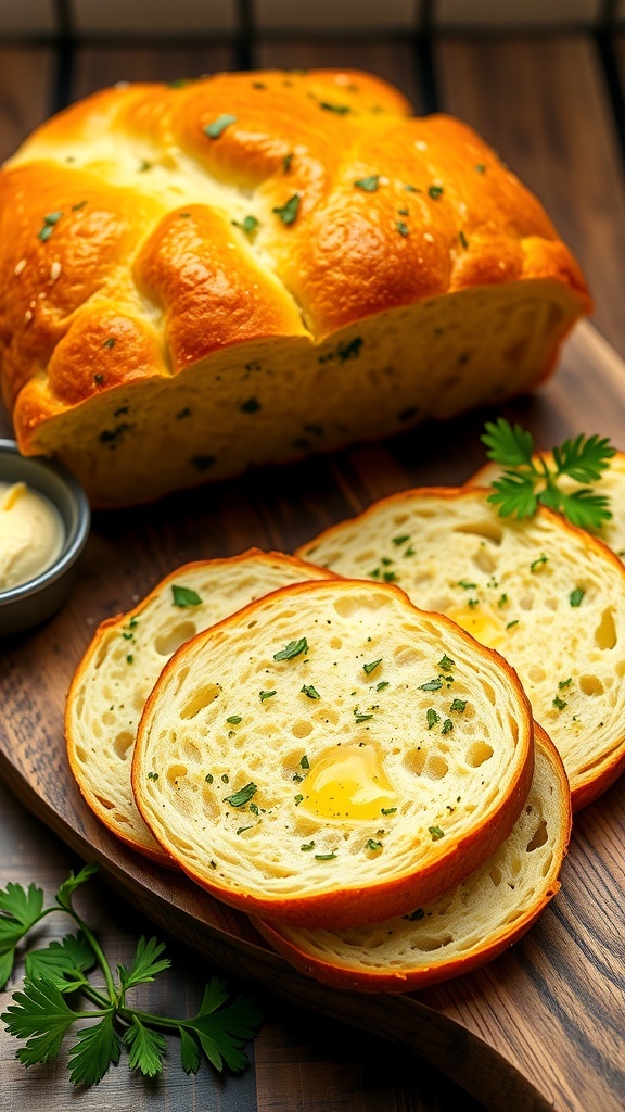 Garlic Butter Bread Recipe Sliced garlic butter bread on a wooden board, garnished with parsley and a bowl of garlic butter.